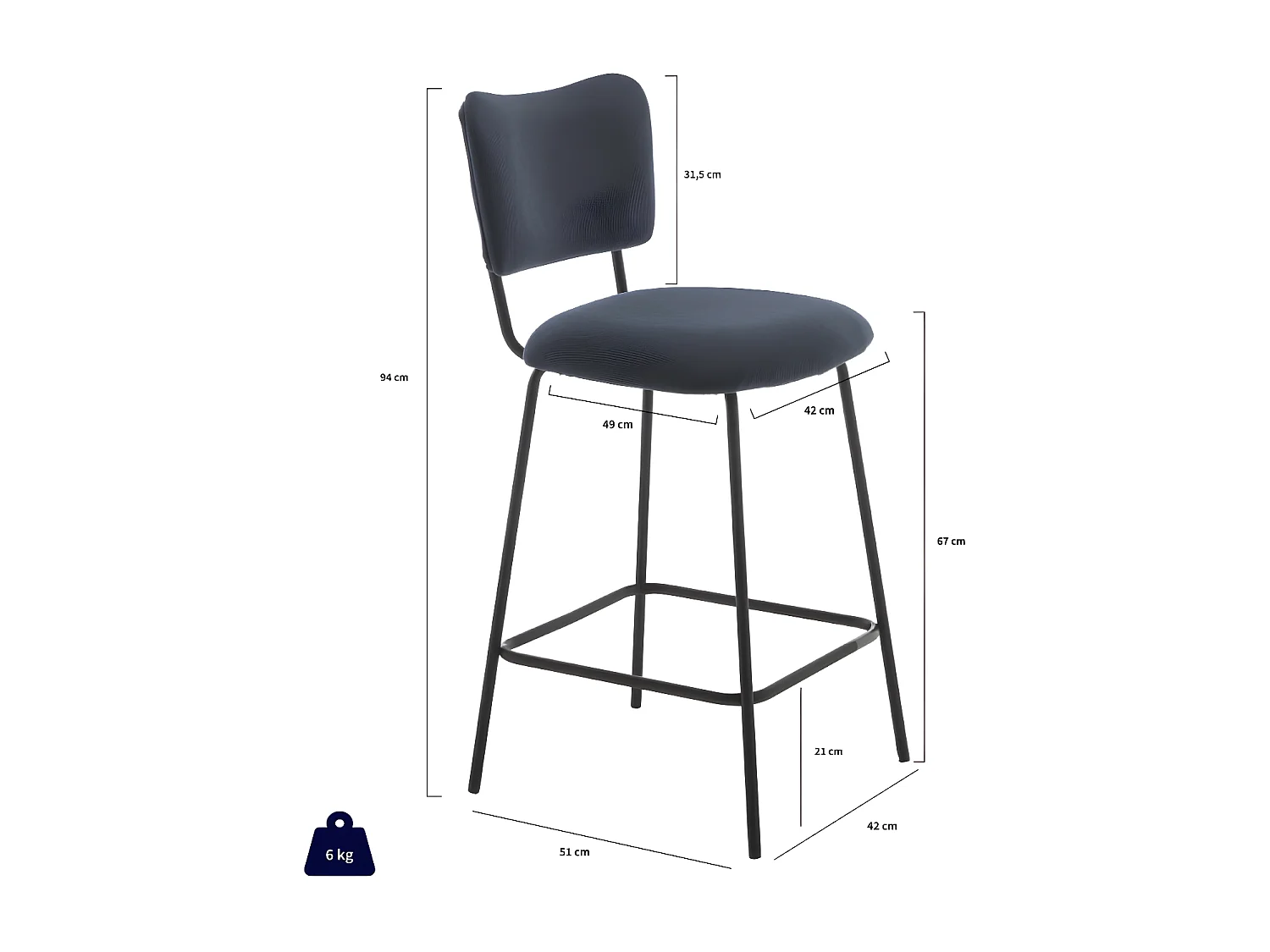Vander - Lot de 2 chaises de bar en velours côtelé et métal H65cm - Ardoise