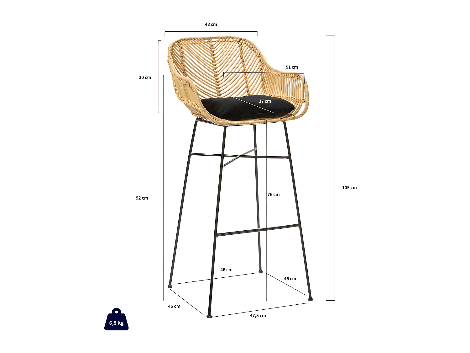 Nunuhai - Lot de 2 tabourets de bar en rotin H76cm - Naturel