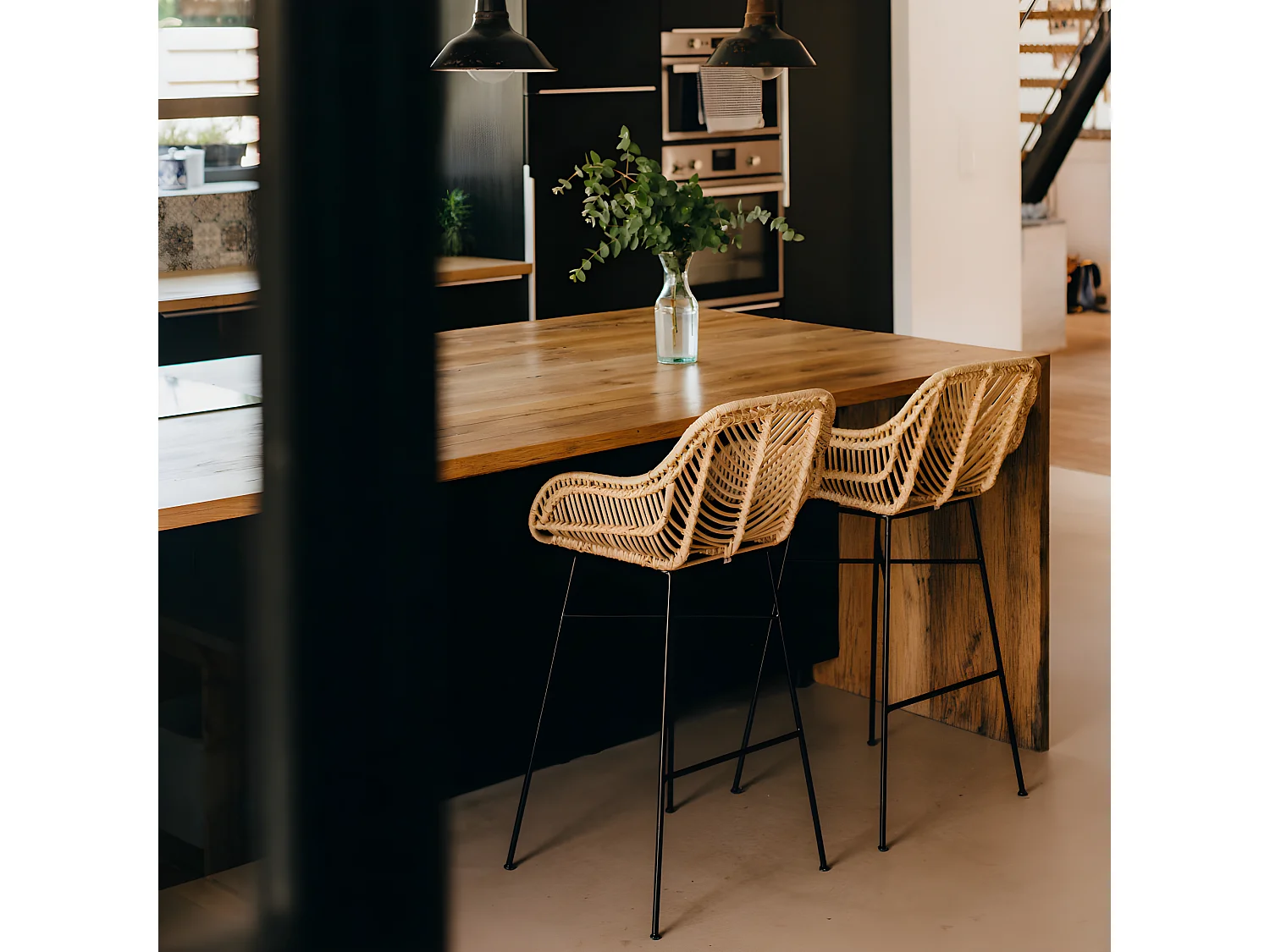 Nunuhai - Lot de 2 tabourets de bar en rotin H76cm - Naturel