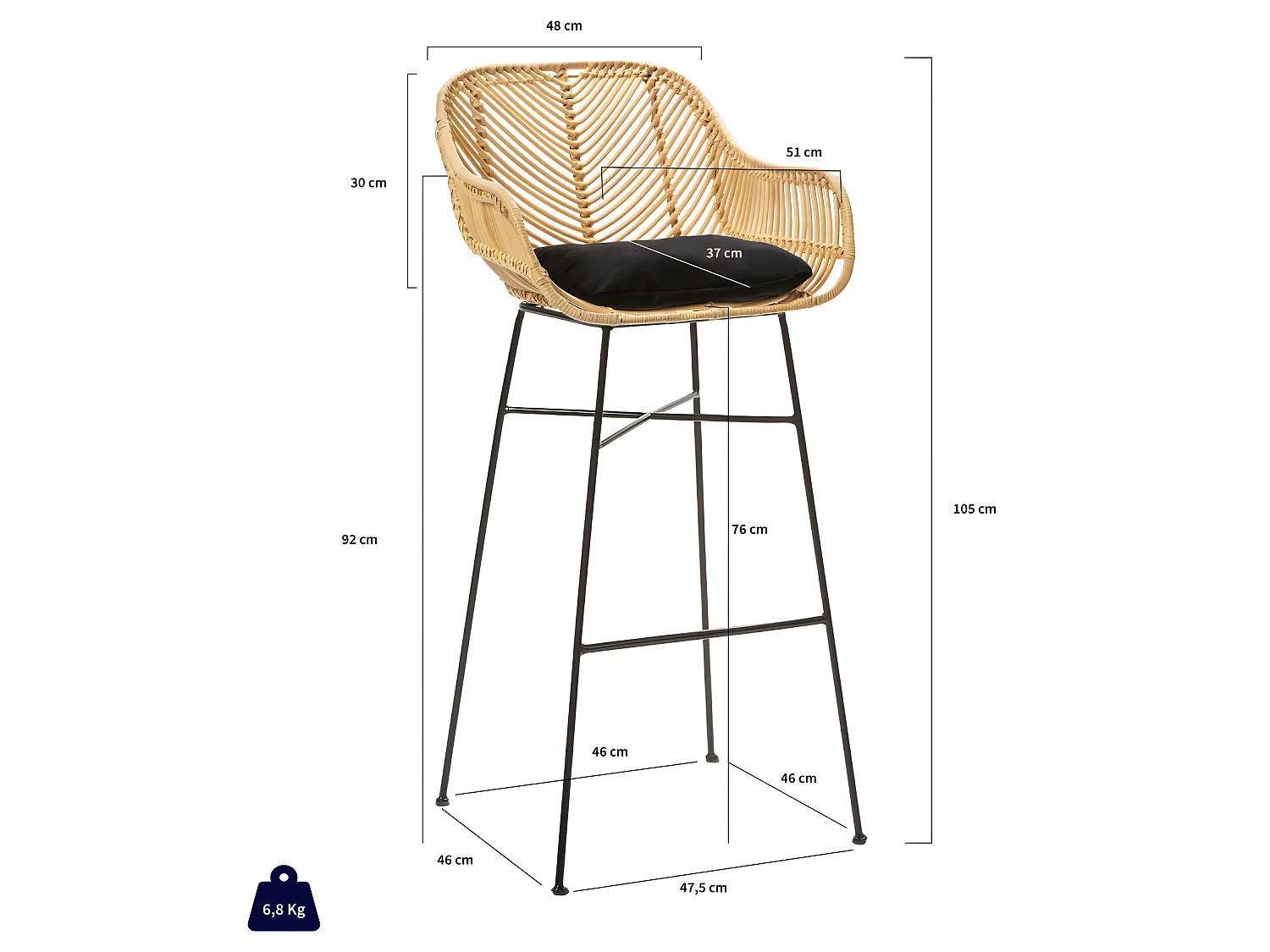Nunuhai - Lot de 2 tabourets de bar en rotin H76cm - Naturel