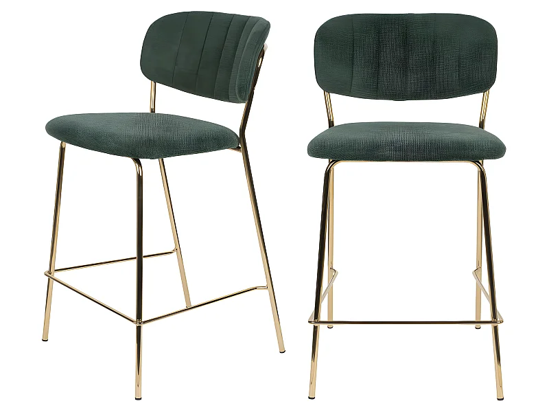 Jolien - Lot de 2 tabourets de bar en tissu avec pieds dorés H65cm - Vert