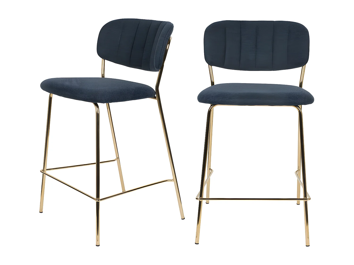 Jolien - Lot de 2 tabourets de bar en tissu avec pieds dorés H65cm - Bleu foncé