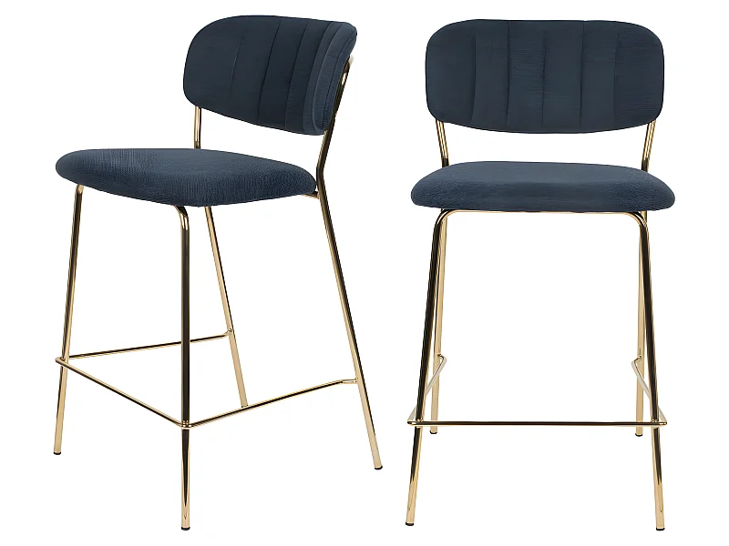 Jolien - Lot de 2 tabourets de bar en tissu avec pieds dorés H65cm - Bleu foncé