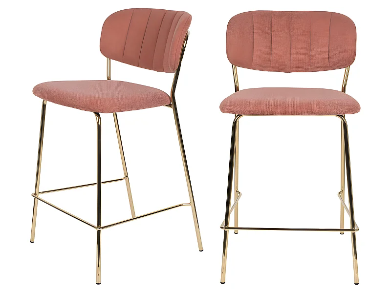 Jolien - Lot de 2 tabourets de bar en tissu avec pieds dorés H65cm - Rose