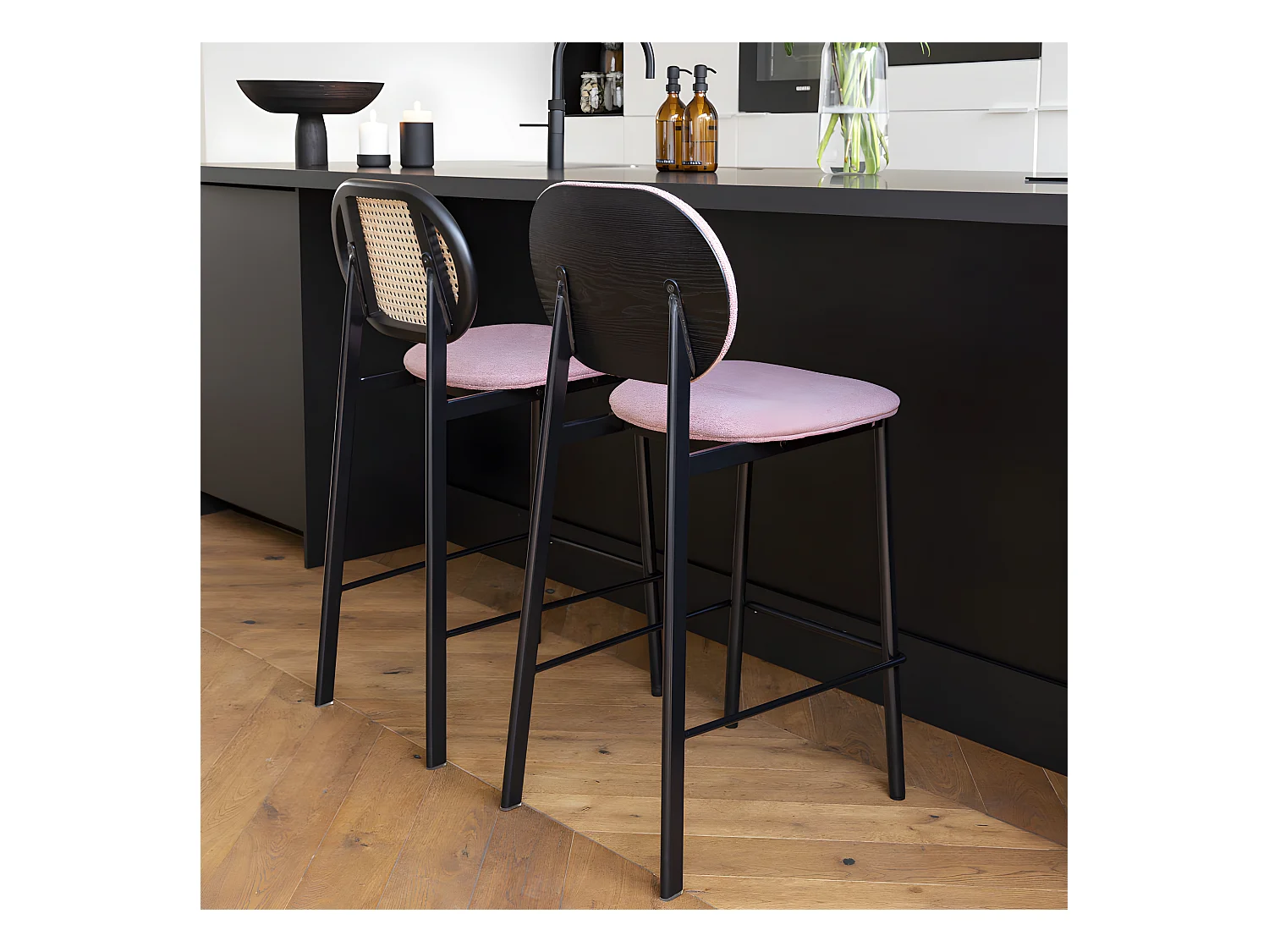 Spike - Tabouret de bar en tissu et cannage H65cm - Rose