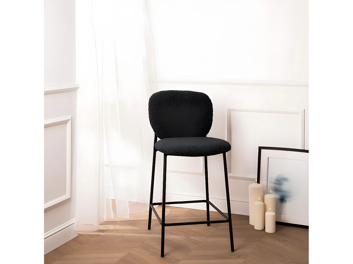 DALBY - Lot de 2 tabourets de bar en tissu bouclette et métal H65cm - Noir