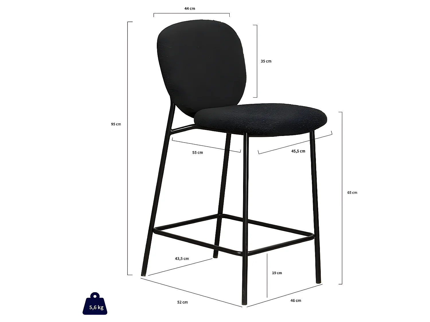 DALBY - Lot de 2 tabourets de bar en tissu bouclette et métal H65cm - Noir
