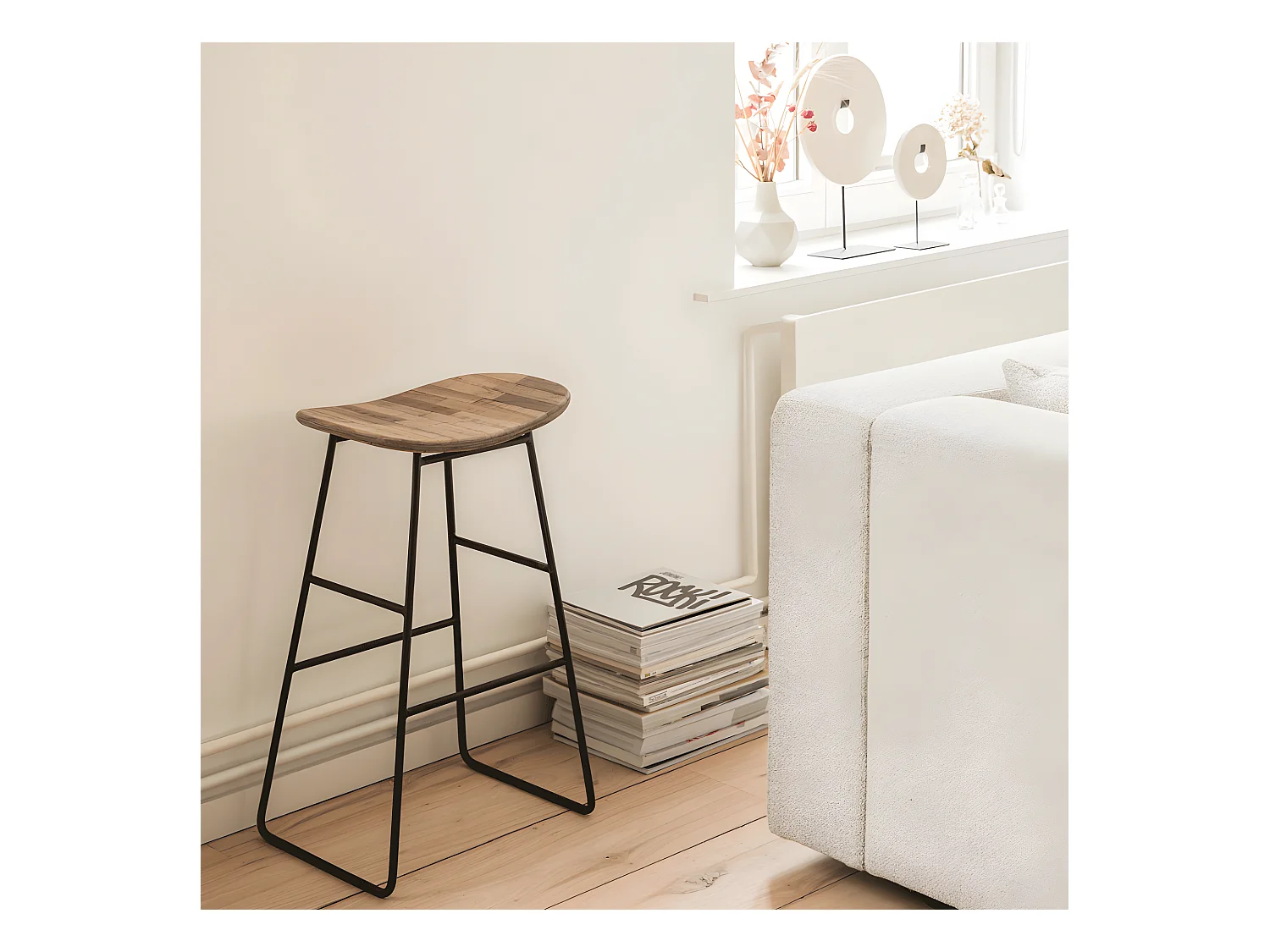 Kabayan - Tabouret de bar en teck recyclé et métal H65cm - Bois clair