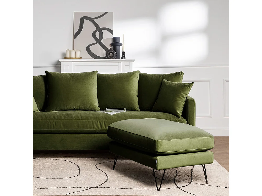 Villabon - Pouf en velours pieds épingles noirs - Vert olive