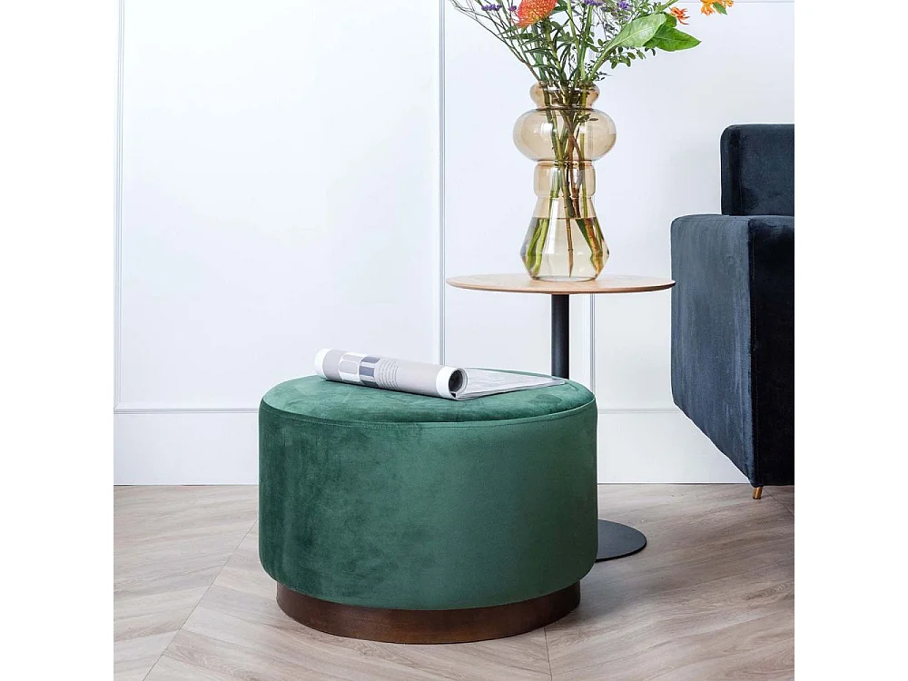 Grand pouf rond en velours et bois Vert foncé