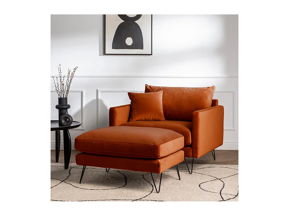 Villabon - Pouf en velours pieds épingles noirs - Rouille