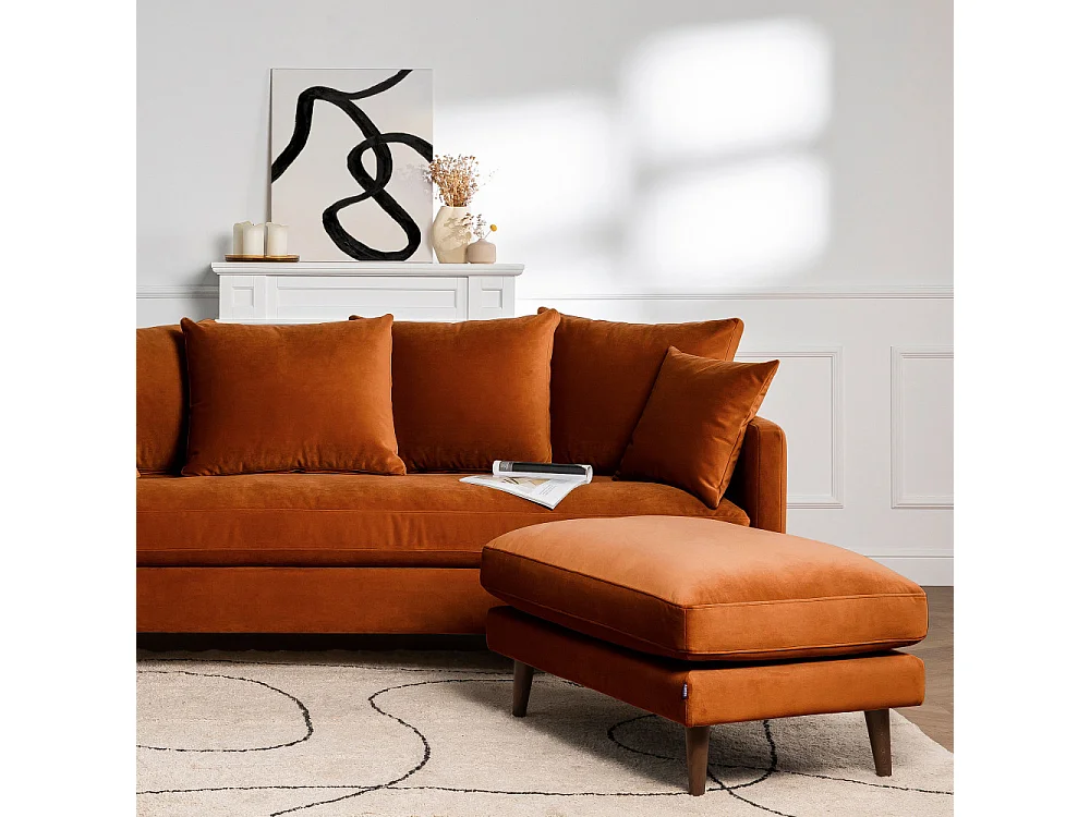 Villabon - Pouf en velours pieds bois foncé - Rouille