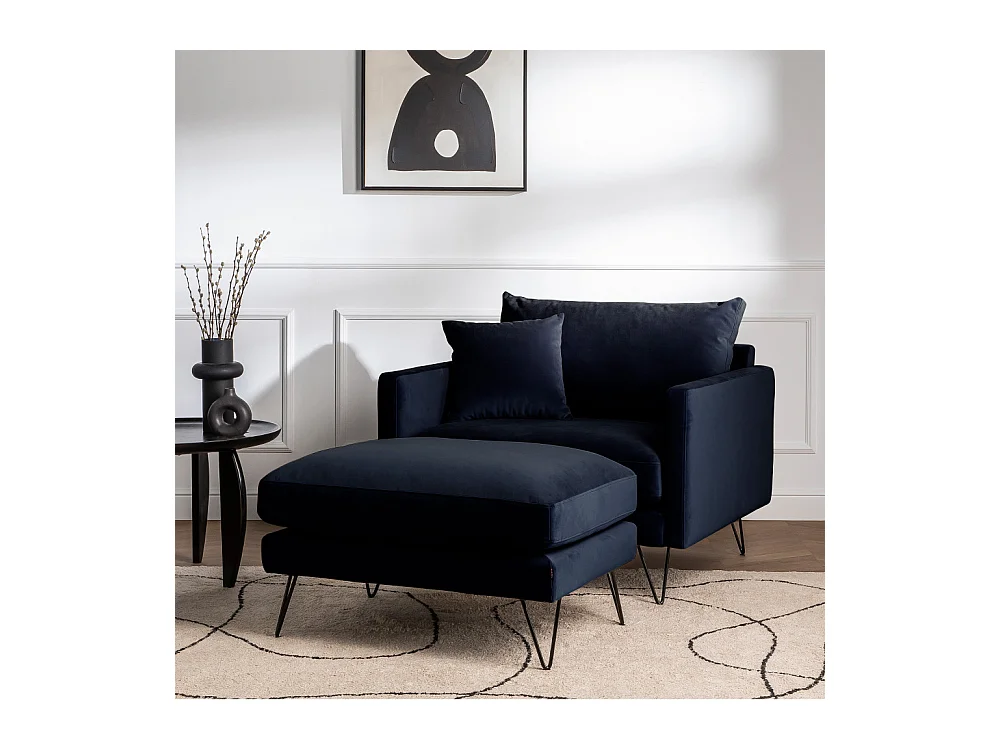 Villabon - Pouf en velours pieds épingles noirs - Bleu marine