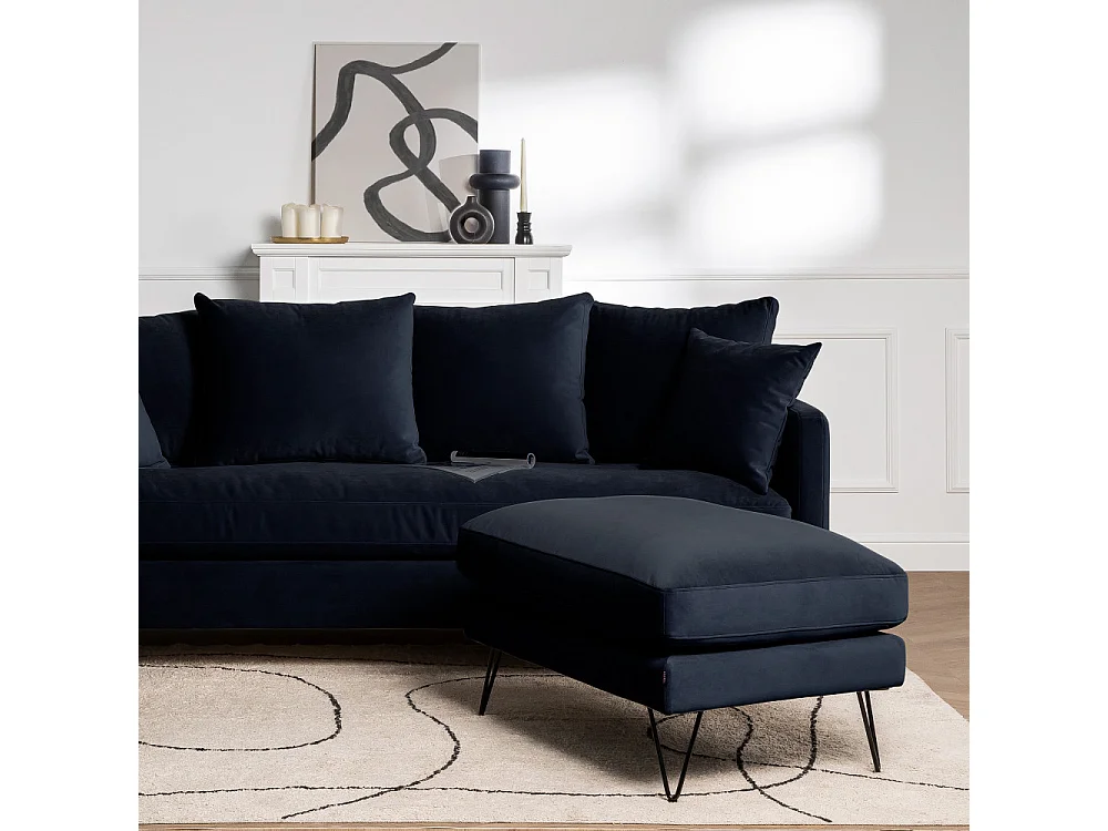 Villabon - Pouf en velours pieds épingles noirs - Bleu marine