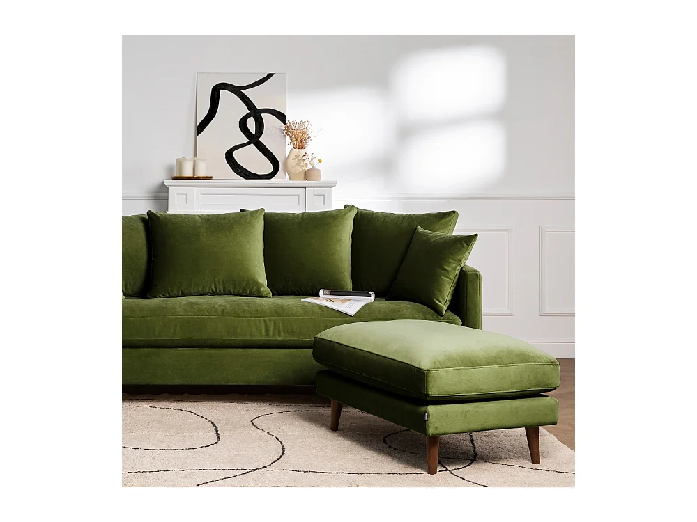 Villabon - Pouf en velours pieds bois foncé - Vert olive