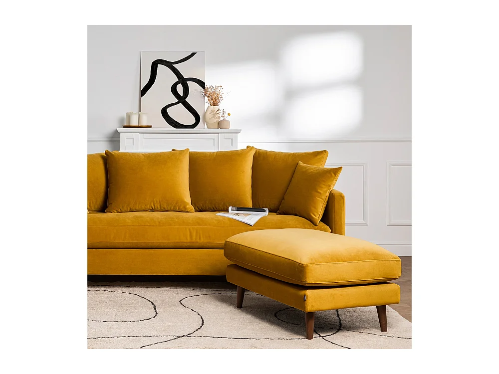 Villabon - Pouf en velours pieds bois foncé - Jaune moutarde