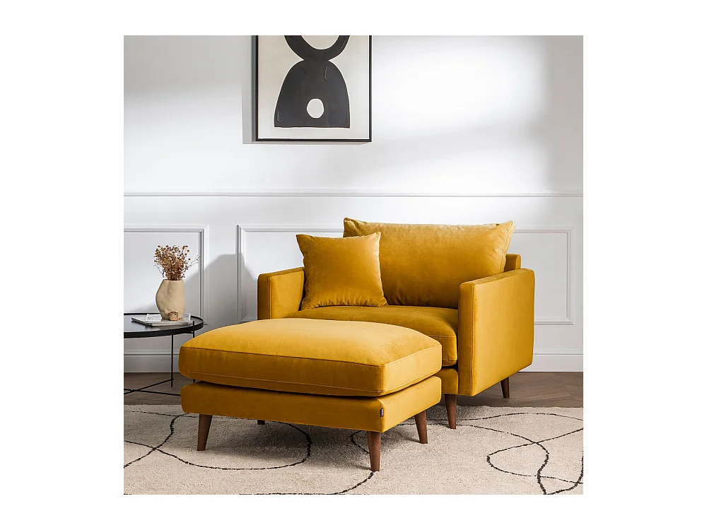 Villabon - Pouf en velours pieds bois foncé - Jaune moutarde