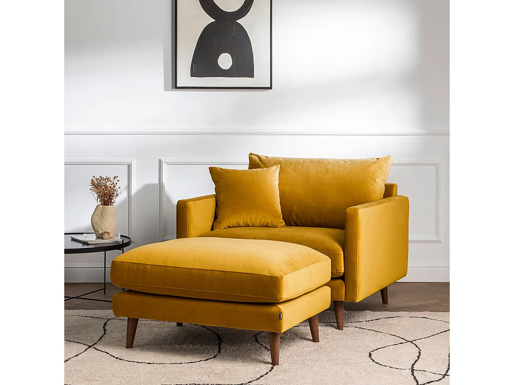 Villabon - Pouf en velours pieds bois foncé - Jaune moutarde