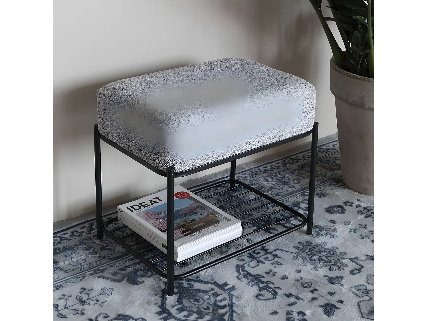 Milou - Tabouret rectangulaire en tissu et métal - Gris chiné