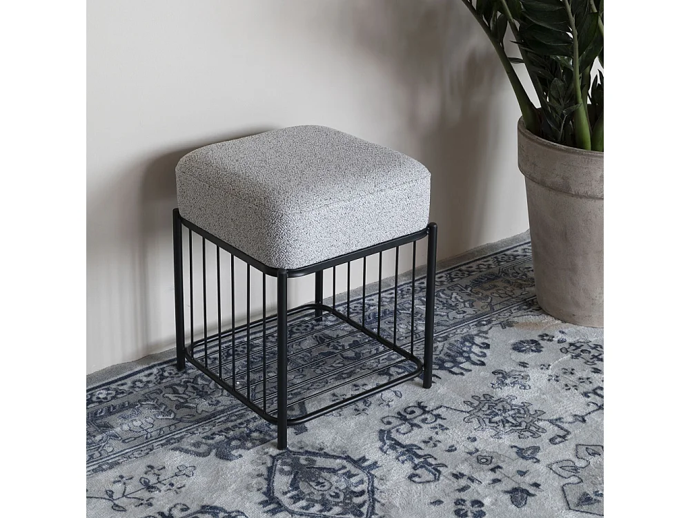 Milou - Tabouret carré en tissu et métal - Gris chiné