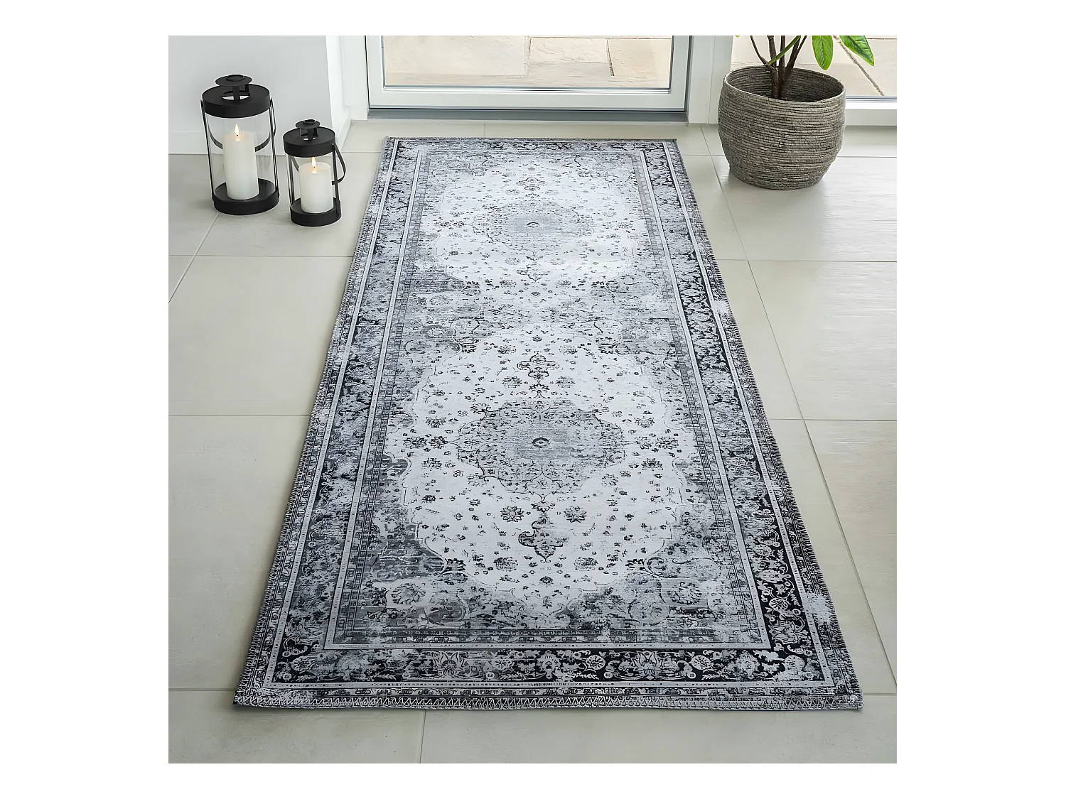 Havana VIII - Tapis de couloir vintage en chenille -  Noir et blanc - 80x200cm