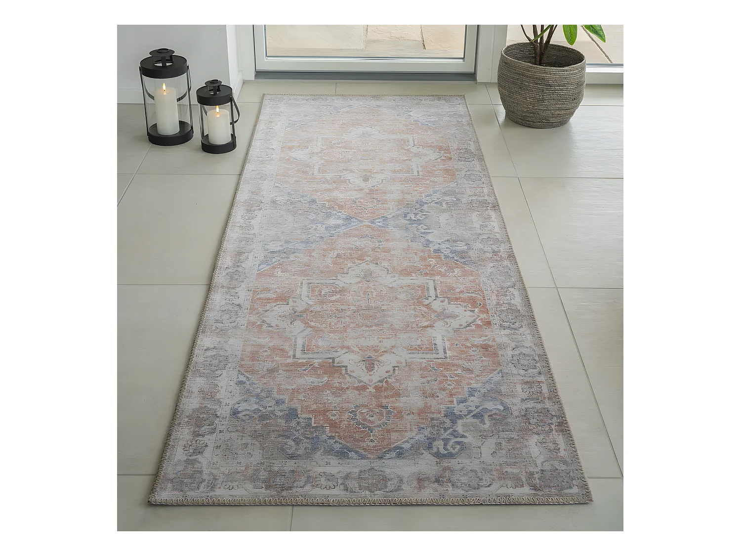 Havana I - Tapis vintage en chenille -  Orange et bleu - 80x200cm