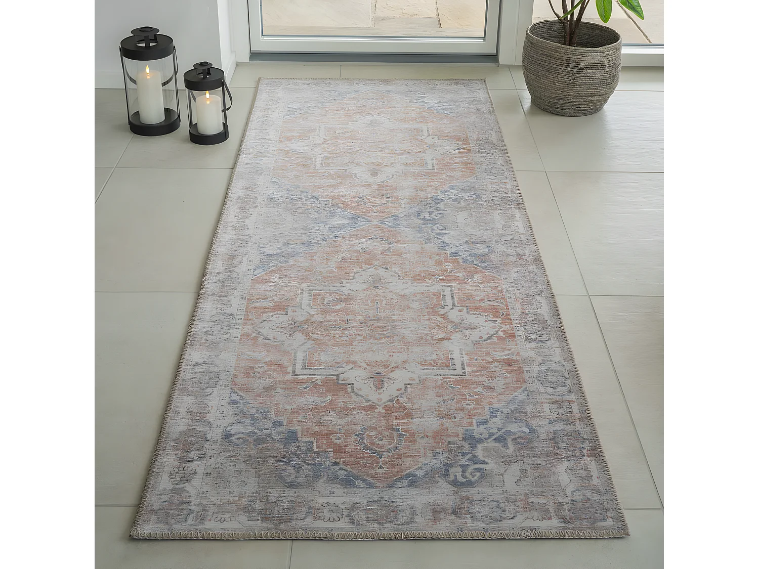Havana I - Tapis vintage en chenille -  Orange et bleu - 80x200cm