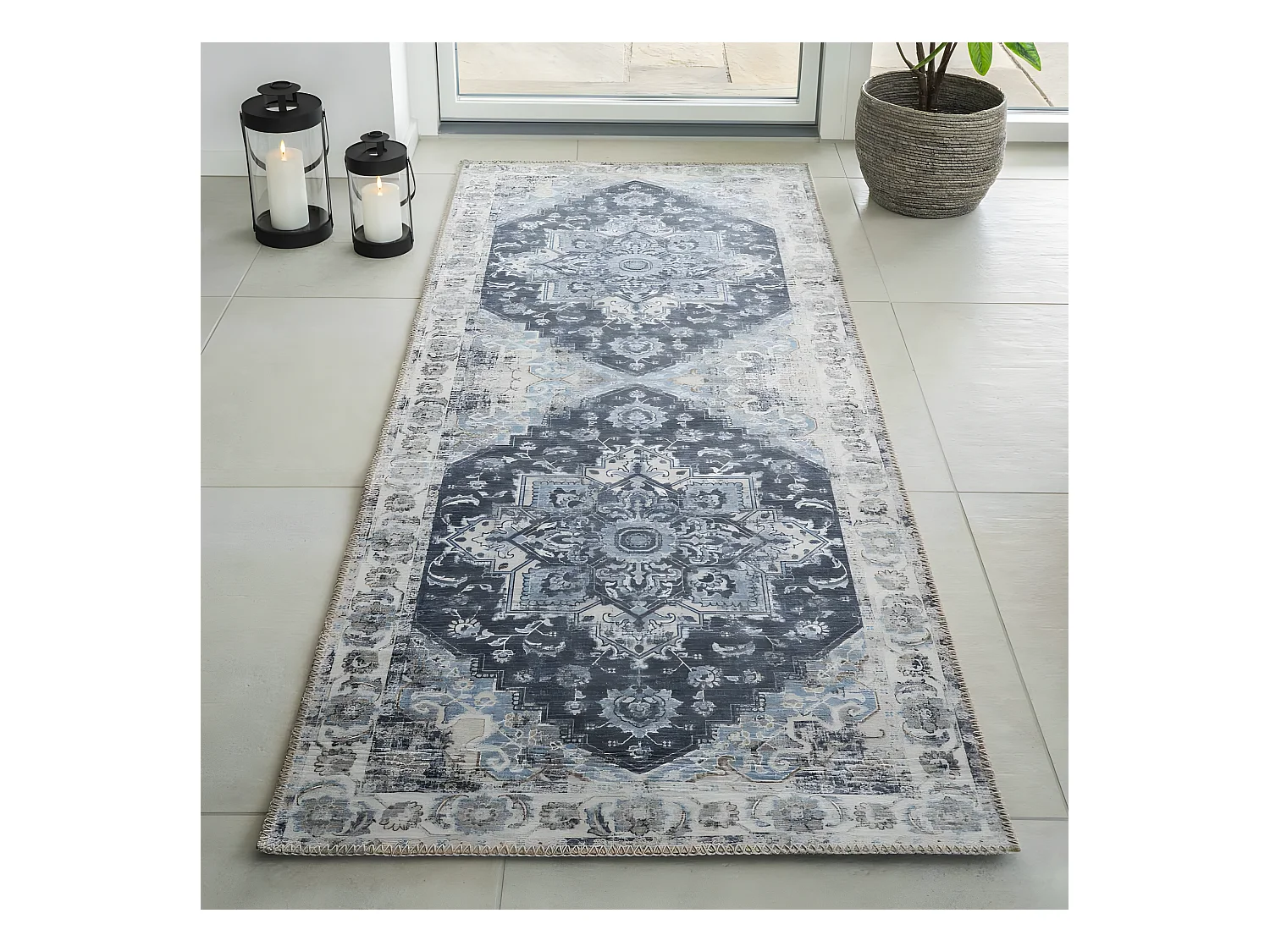 Havana III - Tapis vintage en chenille -  Bleu et beige - 80x200cm
