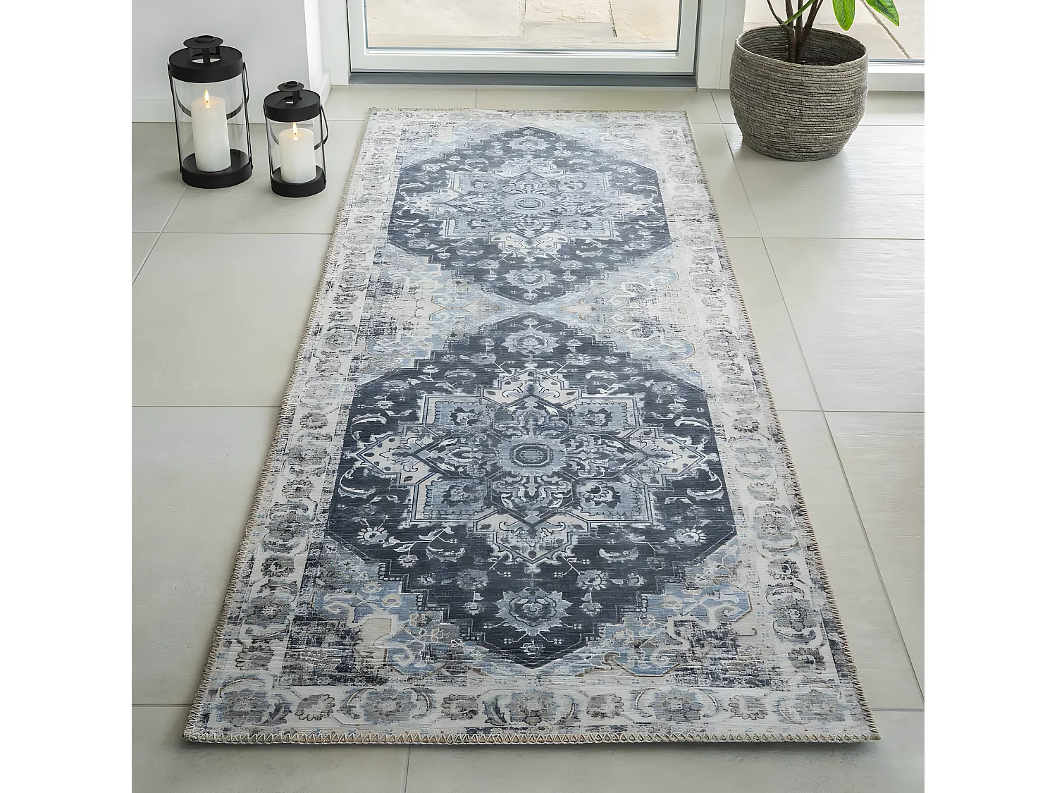 Havana III - Tapis vintage en chenille -  Bleu et beige - 80x200cm
