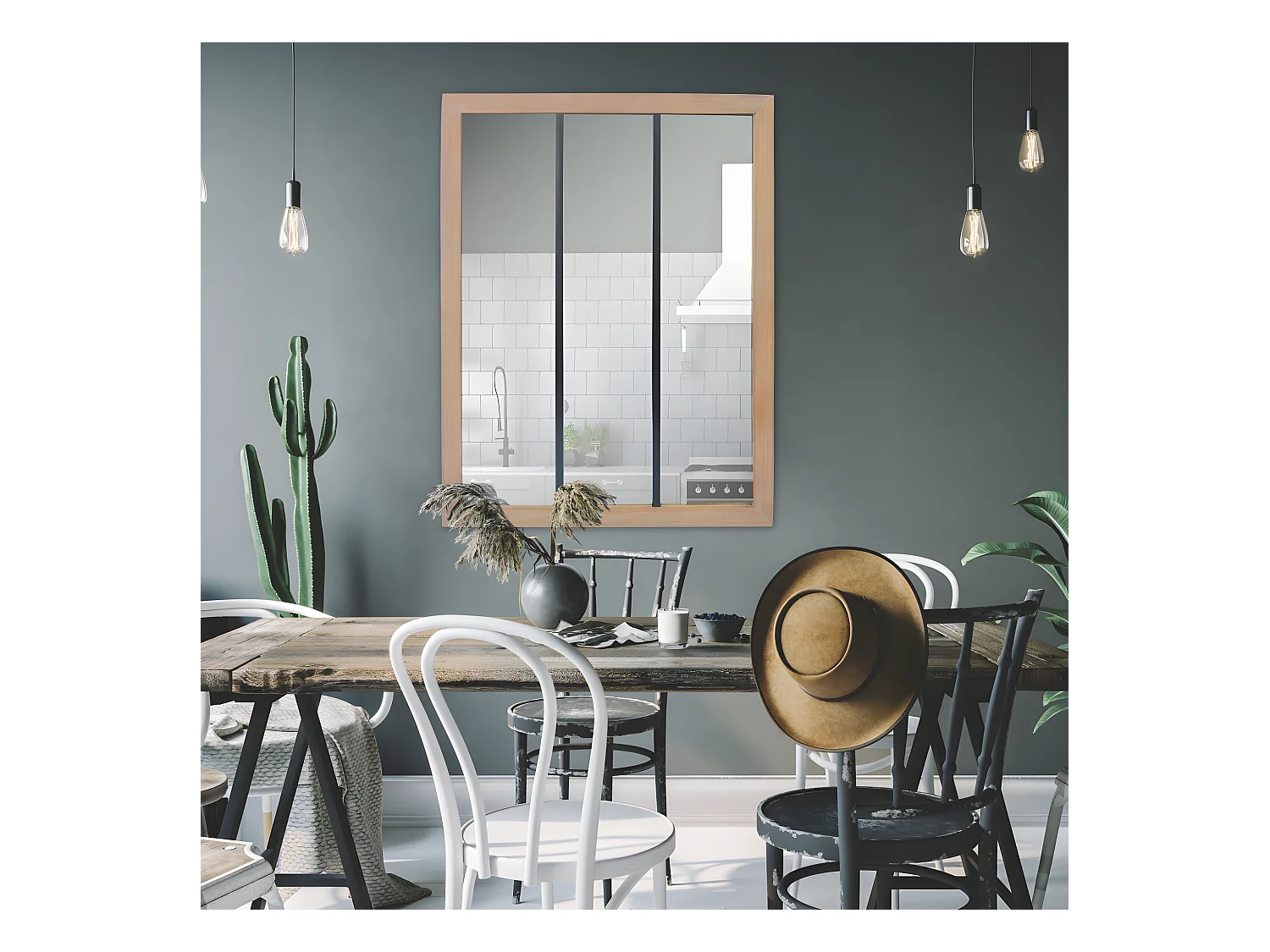 Nell - Miroir verrière en métal et bois 113x85cm - Couleur - Bois clair