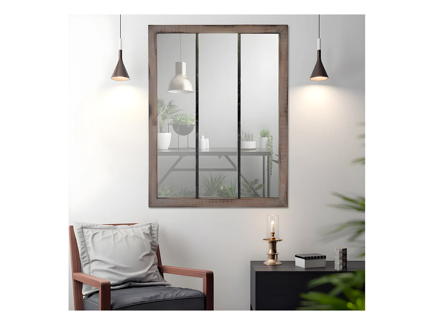 Nell - Miroir verrière en métal et bois 113x85cm - Couleur - Bois foncé