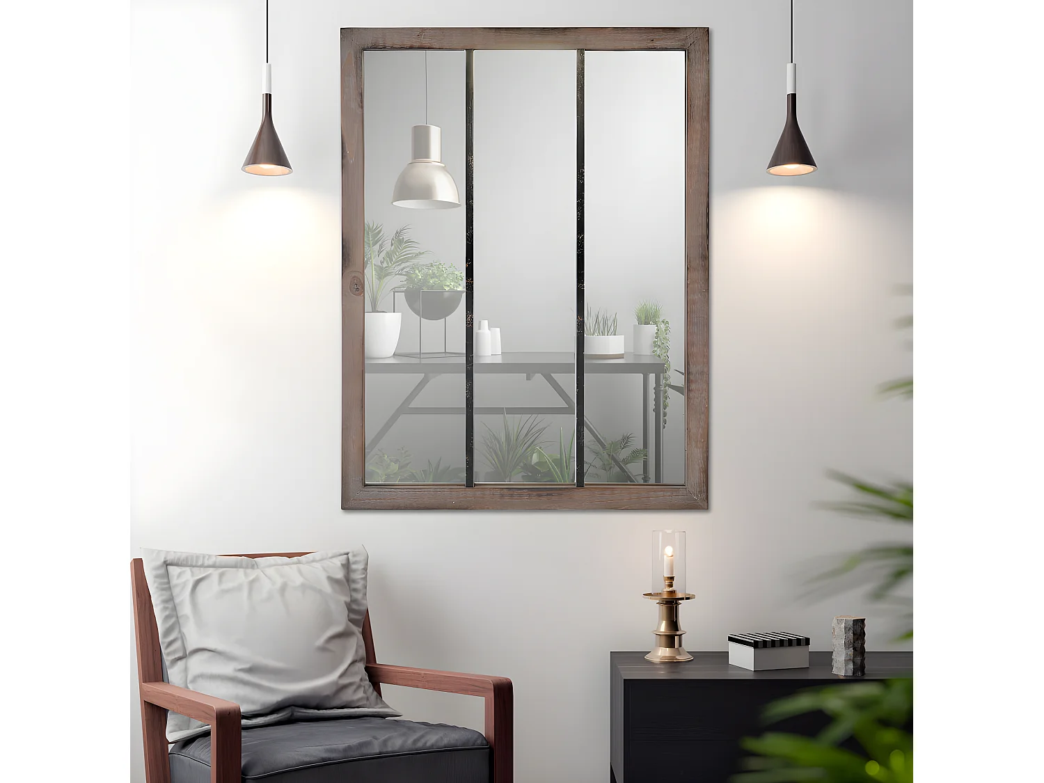 Nell - Miroir verrière en métal et bois 113x85cm - Couleur - Bois foncé
