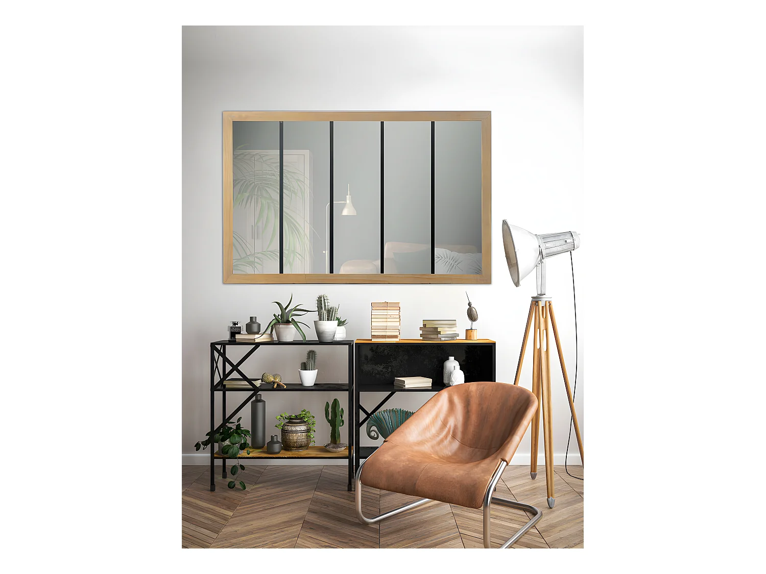 Oppy - Miroir verrière en métal et bois 140x90 cm - Couleur - Bois clair / noir