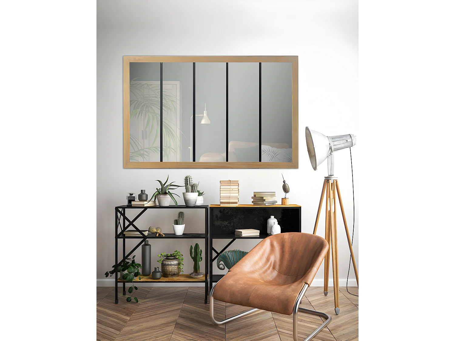 Oppy - Miroir verrière en métal et bois 140x90 cm - Couleur - Bois clair / noir