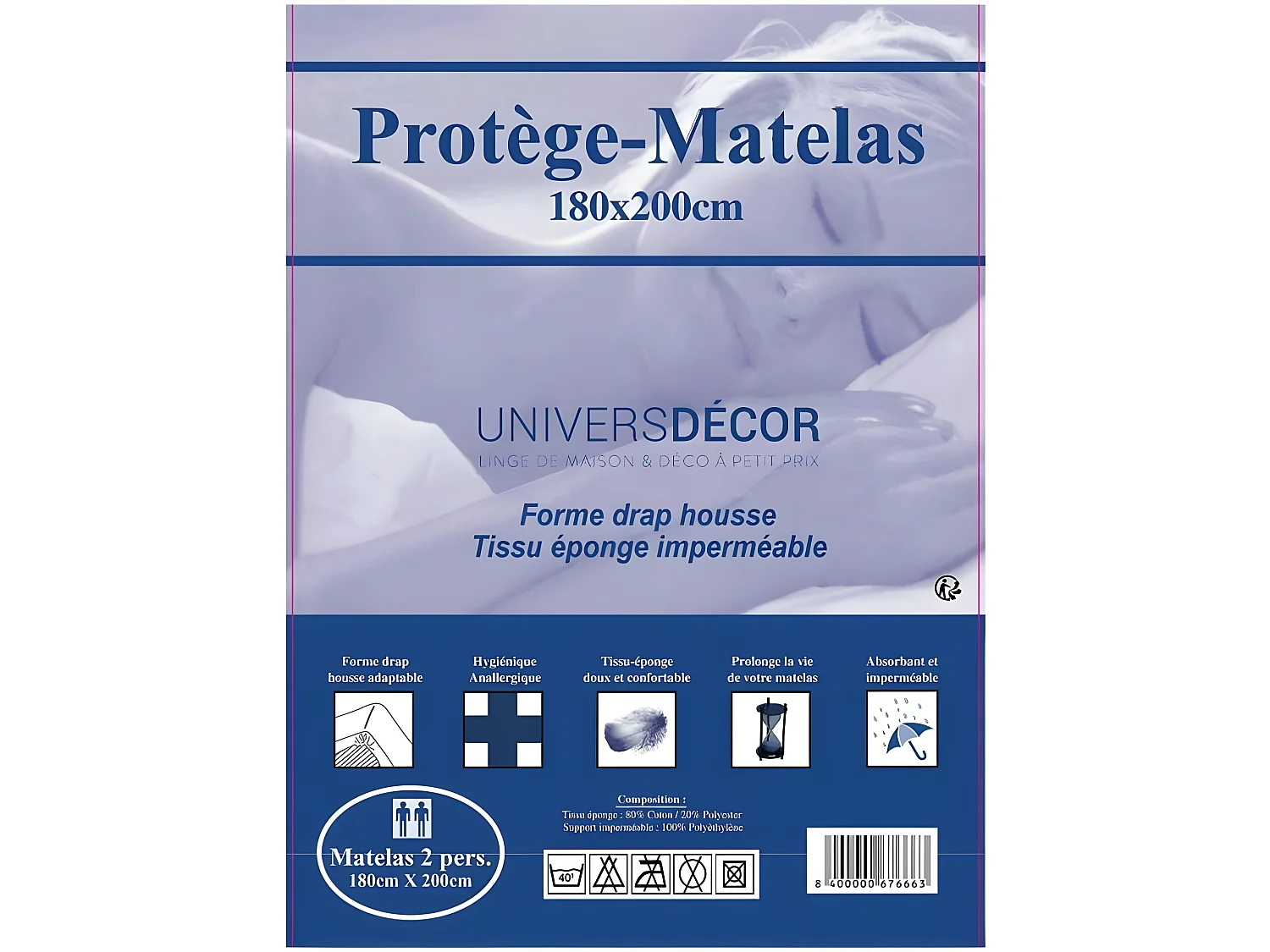 Protège matelas imperméable, absorbant et anti-acariens 180 x 200 cm