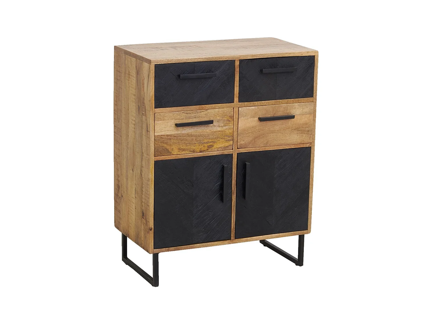 Commode en manguier naturel et teinté noir Damier 4 tiroirs + 2 portes