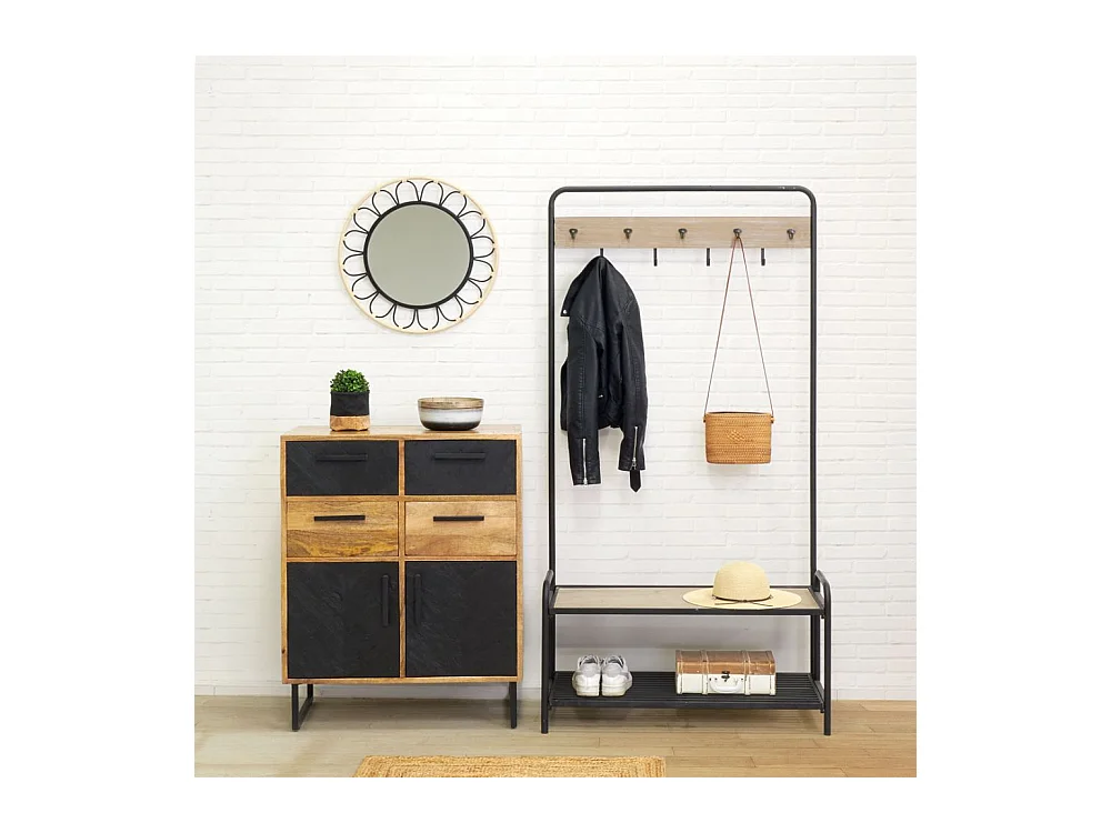 Commode en manguier naturel et teinté noir Damier 4 tiroirs + 2 portes