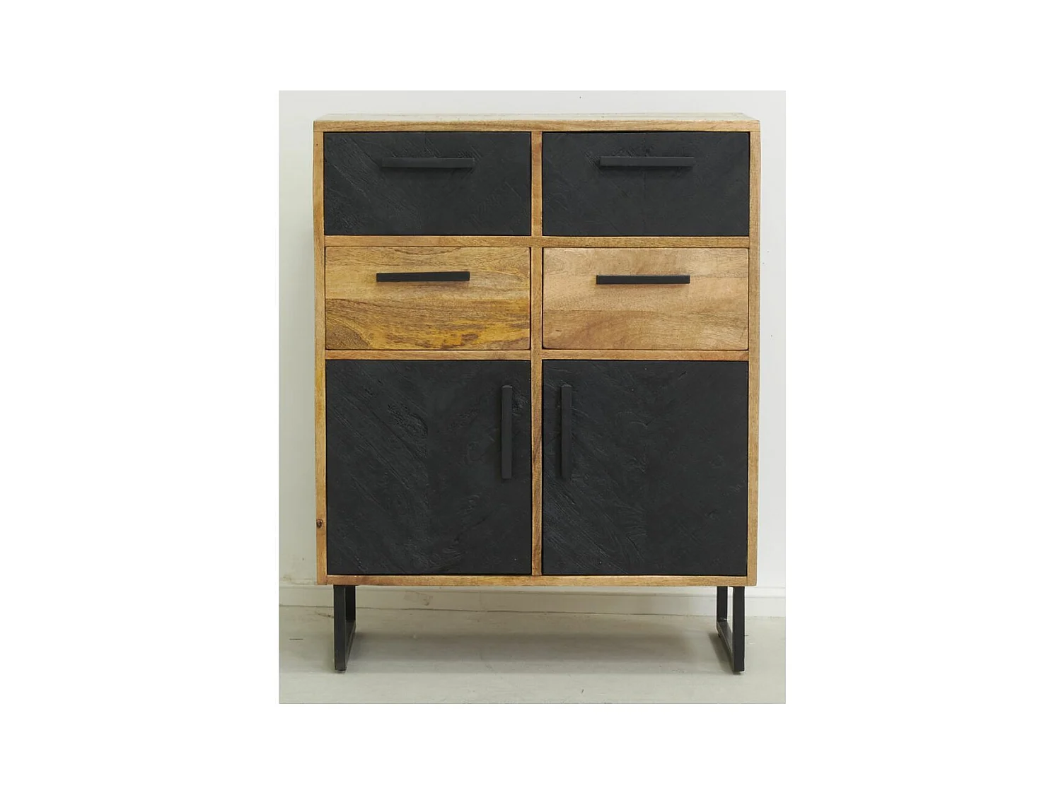 Commode en manguier naturel et teinté noir Damier 4 tiroirs + 2 portes