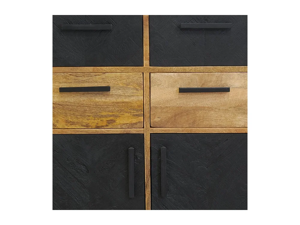 Commode en manguier naturel et teinté noir Damier 4 tiroirs + 2 portes