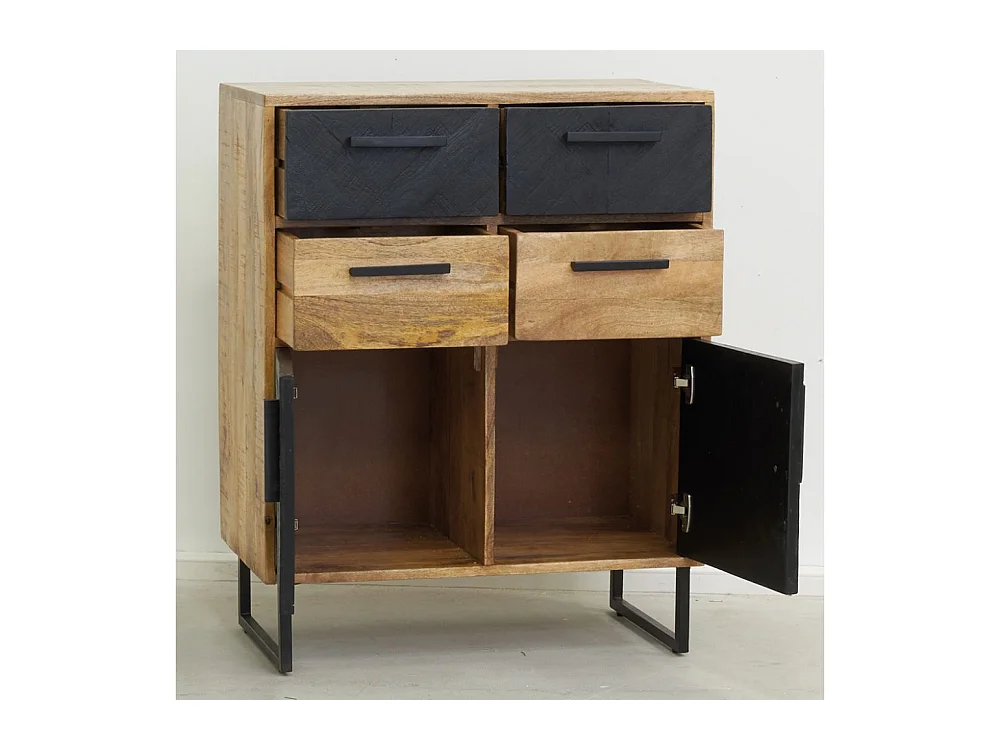 Commode en manguier naturel et teinté noir Damier 4 tiroirs + 2 portes