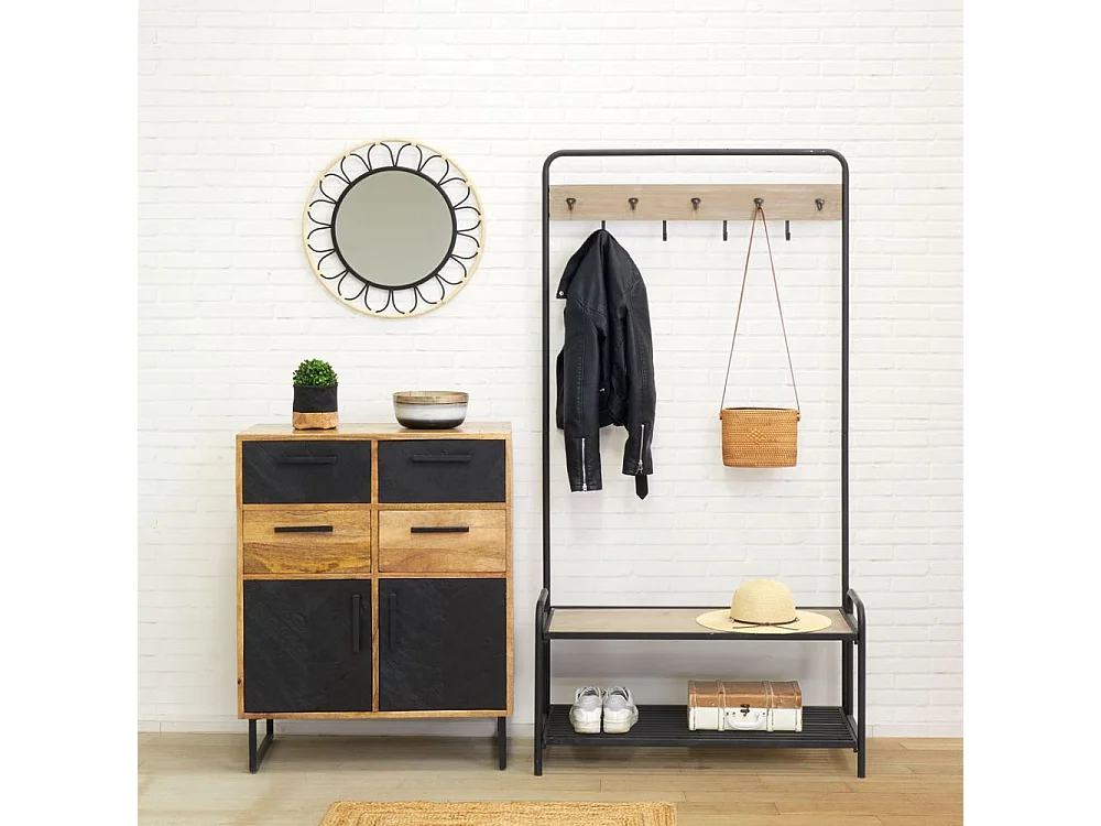 Commode en manguier naturel et teinté noir Damier 4 tiroirs + 2 portes