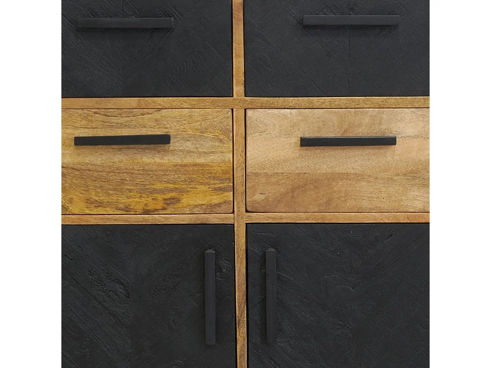 Commode en manguier naturel et teinté noir Damier 4 tiroirs + 2 portes