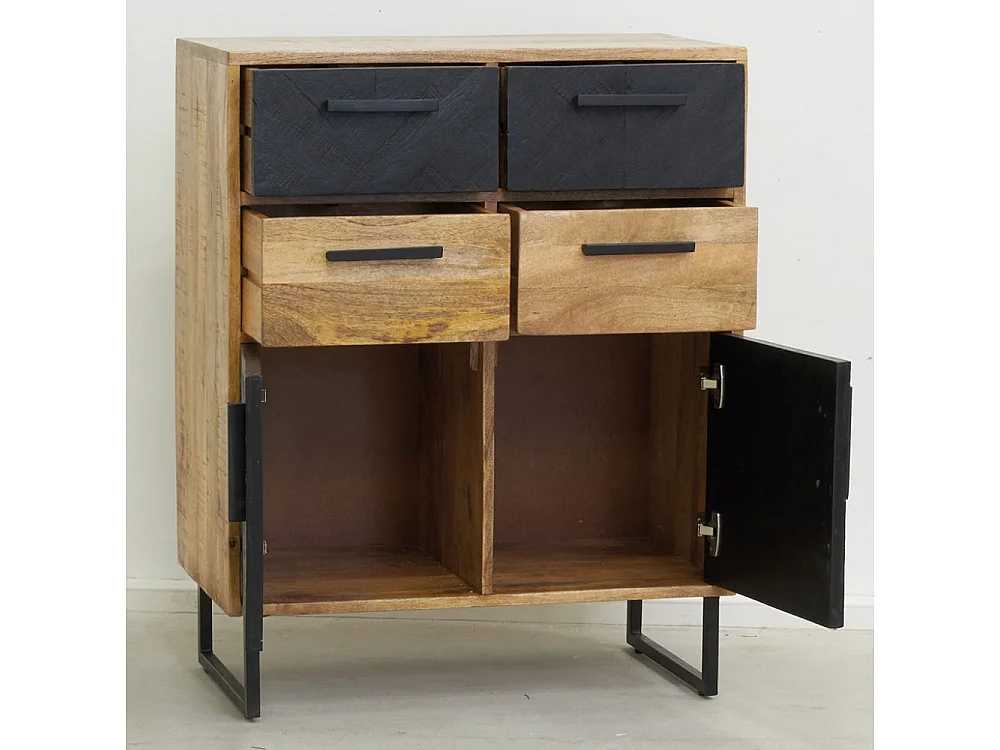 Commode en manguier naturel et teinté noir Damier 4 tiroirs + 2 portes