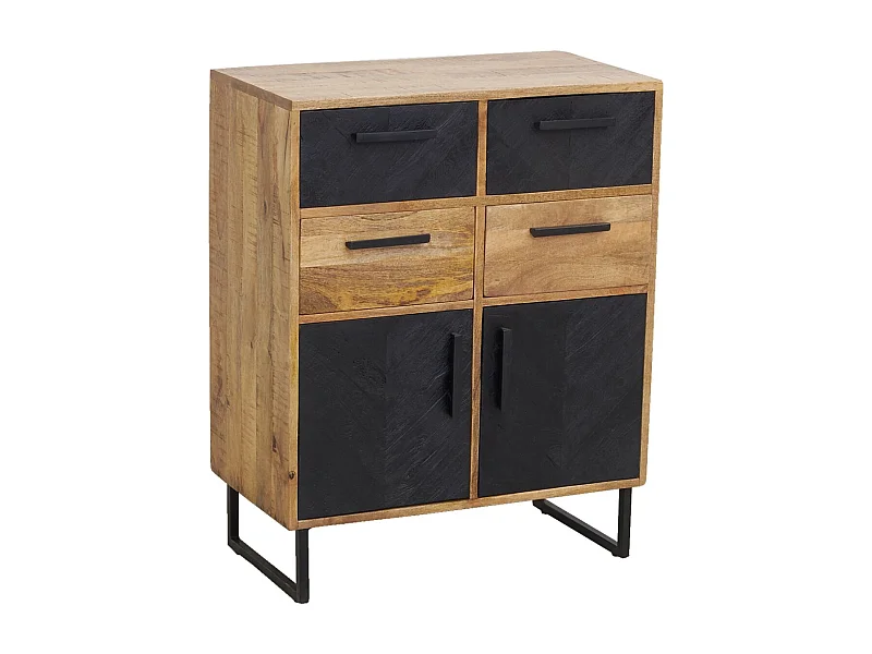 Commode en manguier naturel et teinté noir Damier 4 tiroirs + 2 portes