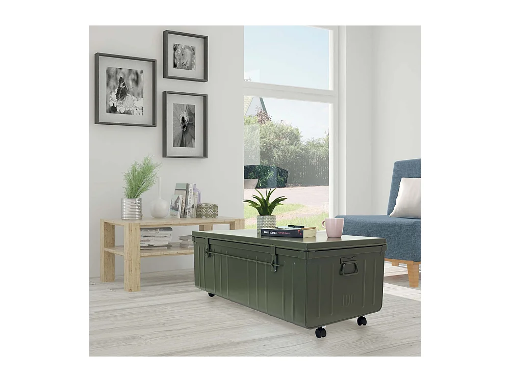 Table basse en acier sur roulettes Habitat 90 cm Kaki