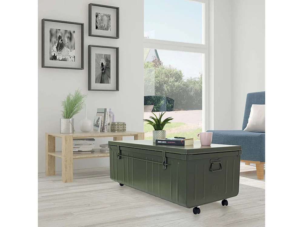 Table basse en acier sur roulettes Habitat 90 cm Kaki