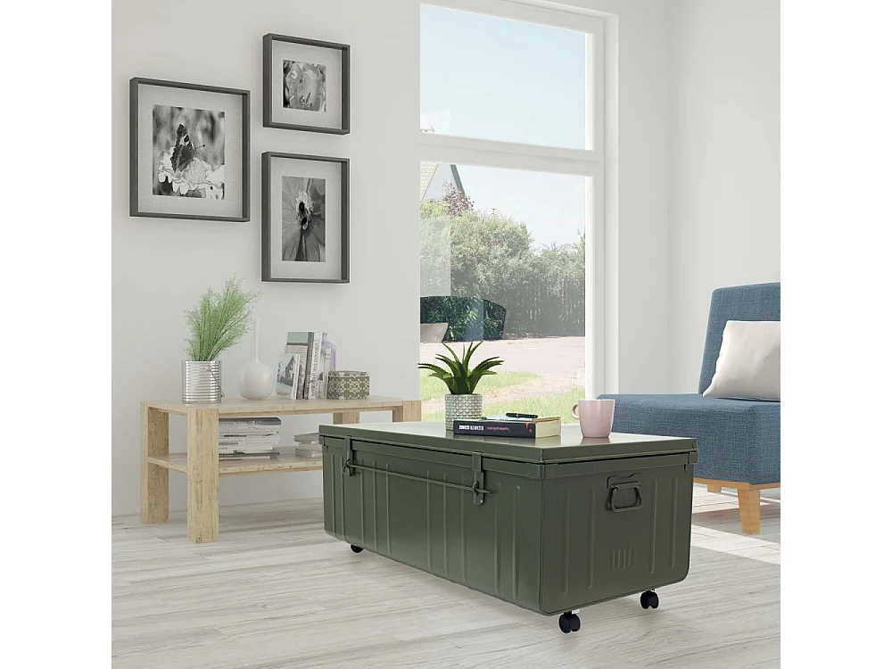 Table basse malle en métal Kaki