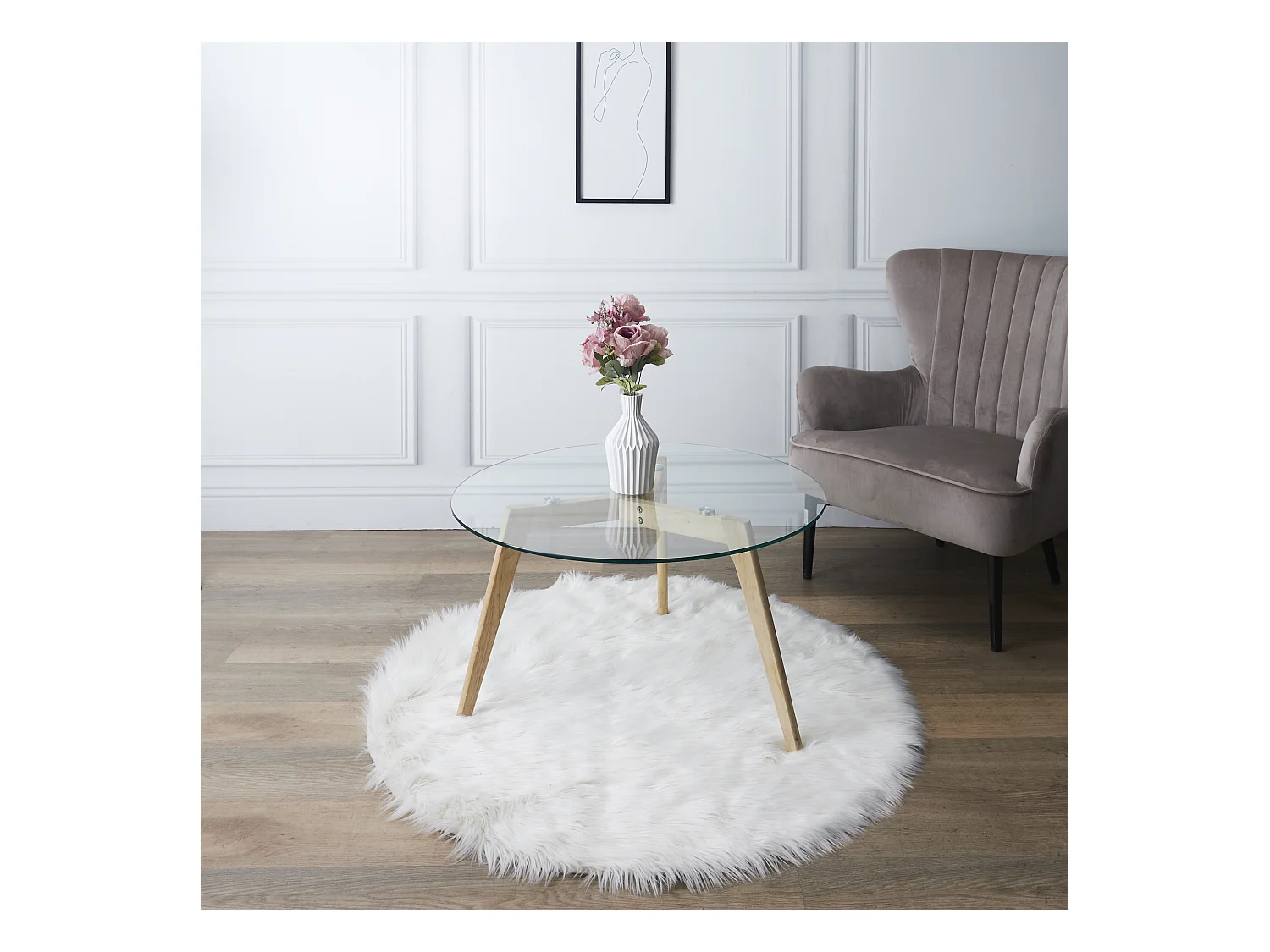 Table Ronde En Verre Diam 80 Cm Marron, Transparent