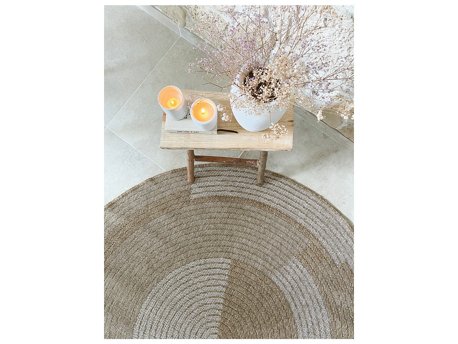 Tapis extérieur rond - 160cm - naturel - 100% polypropylène résistant aux UV - 1400 gr/m² - OXANA