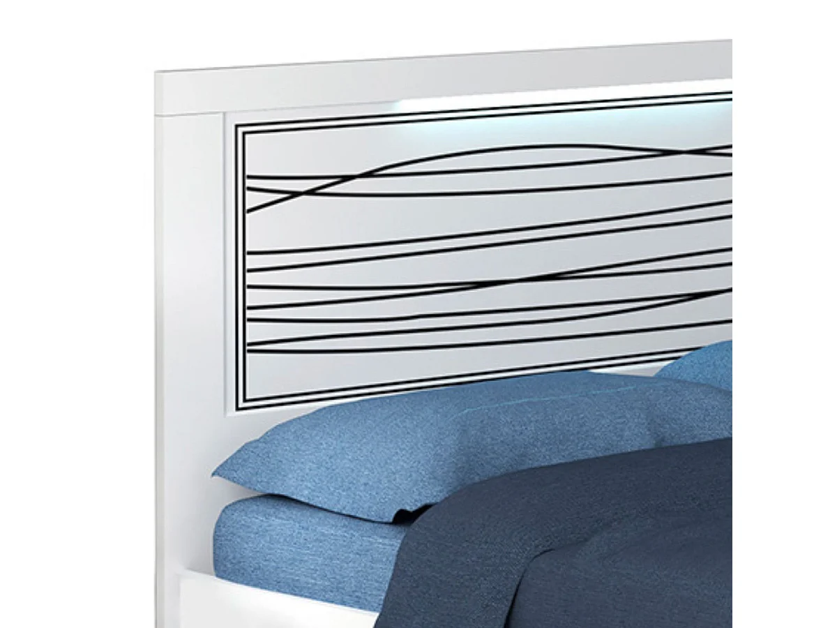 CADIRY - Lit 140x190cm Blanc Sérigraphies Noires avec Leds